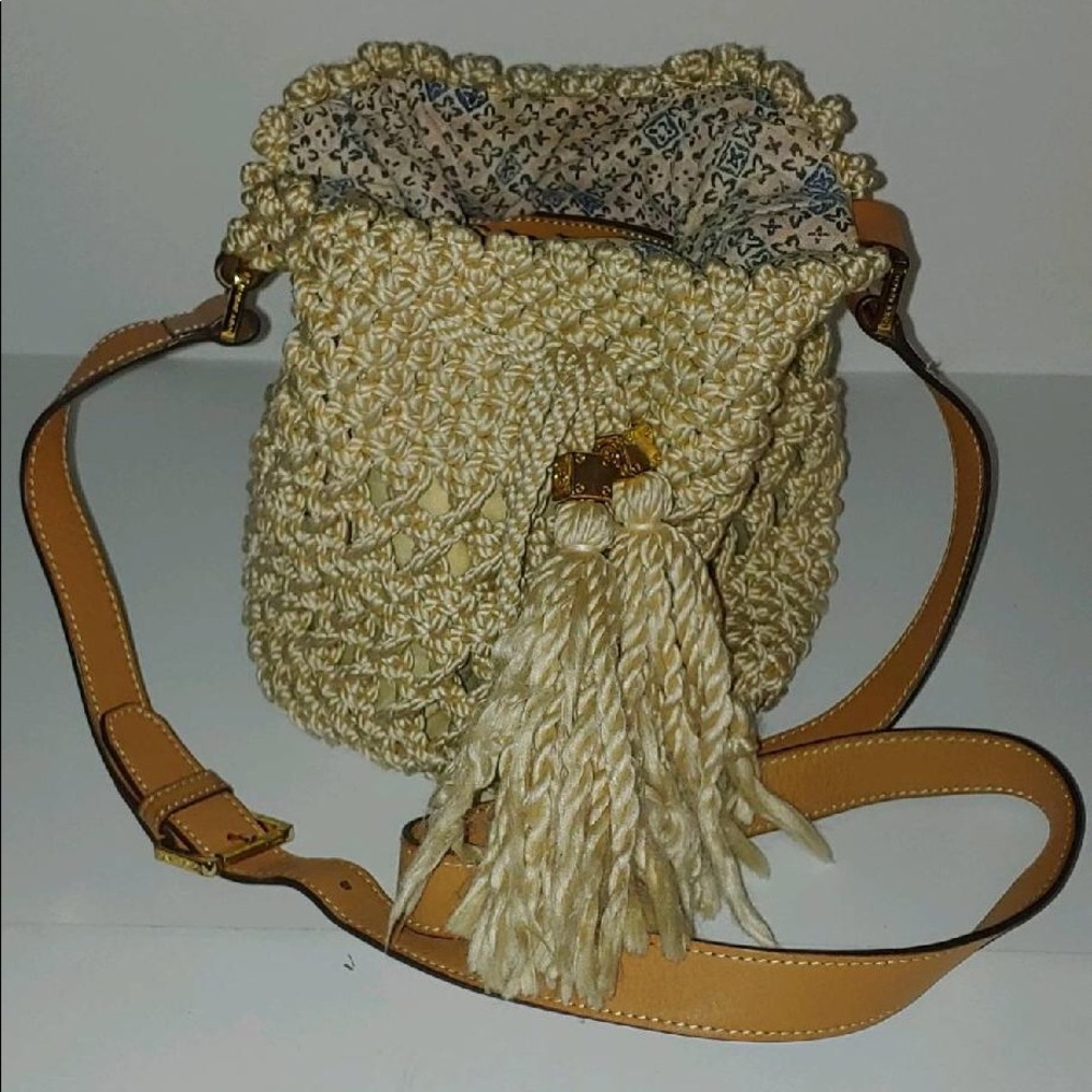 TORY BURCH Dawson Ivory cream crochet knit leather bucket crossbody bag